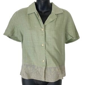 VINTAGE Allison Taylor 100% Linen Boxy Button-Up Blouse Top Medium Lace
